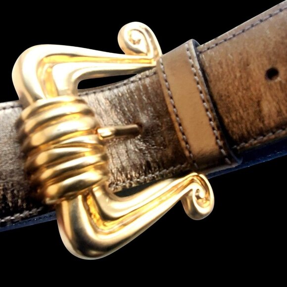 Vintage 80s Belt Womens Medium 34 Metallic Leather Brass Buckle Avignon Spain - Picture 2 of 11